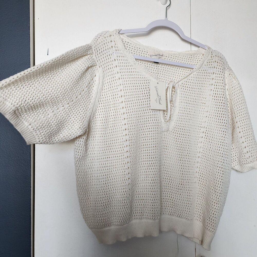 Universal Thread Womens Crochet puff short sleeve sweater Ivory XXL NWT cottage